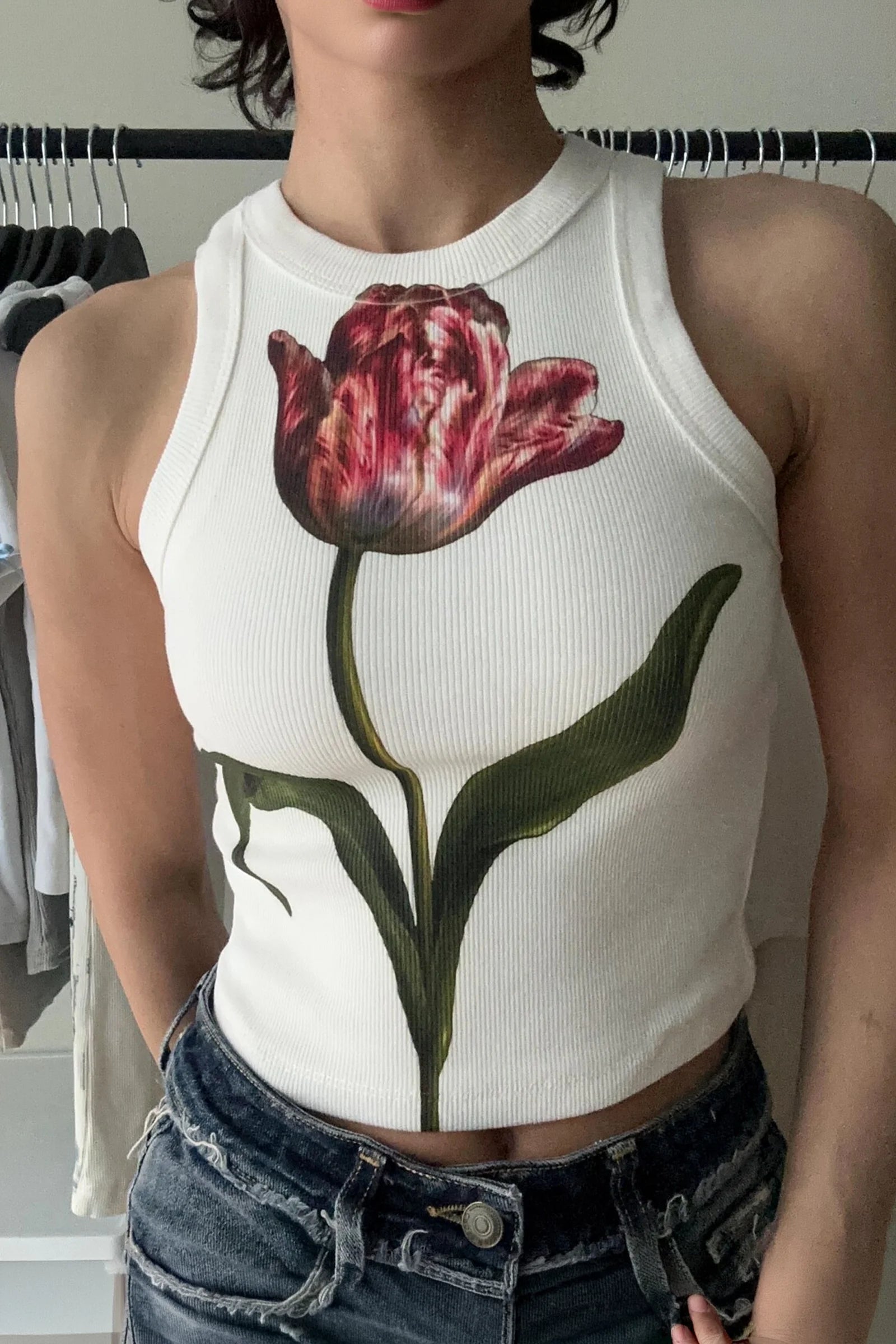Retro Floral Ribbed Racerback Tank (Off White)
