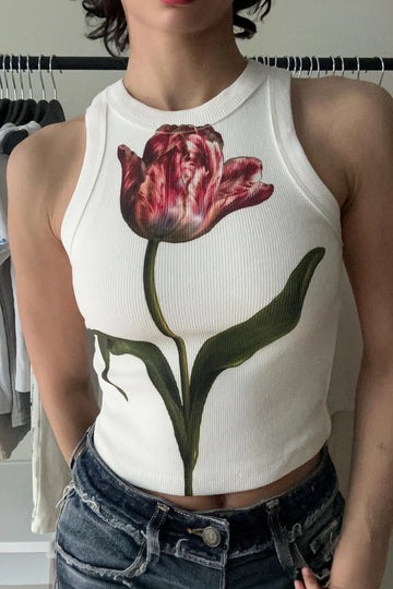 Retro Floral Ribbed Racerback Tank (Off White)