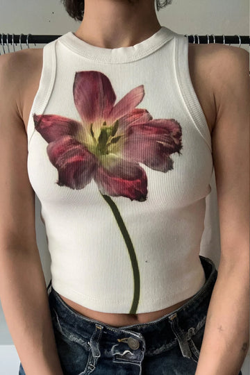 Dark Pink Floral Ribbed Racerback Tank (Off White)