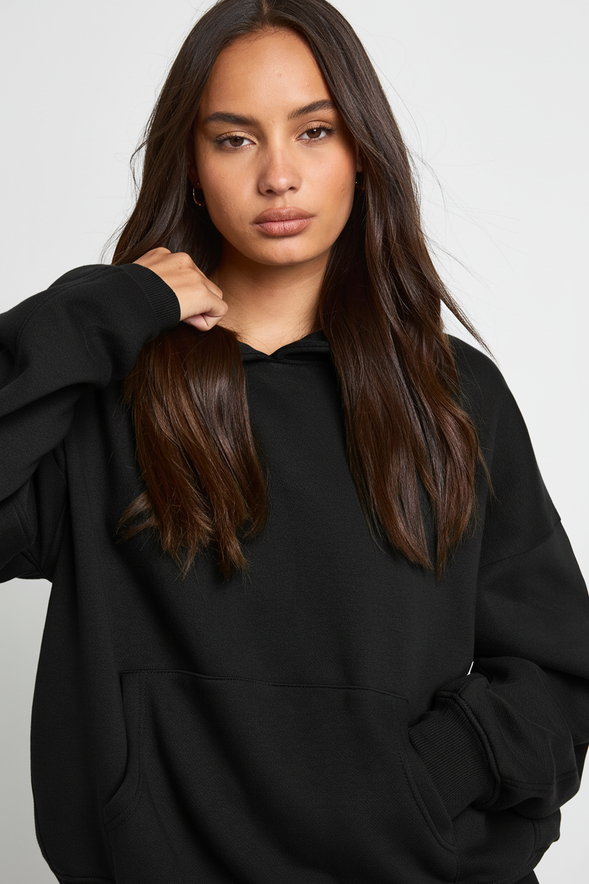 Black hoodie detail with hand on shoulder