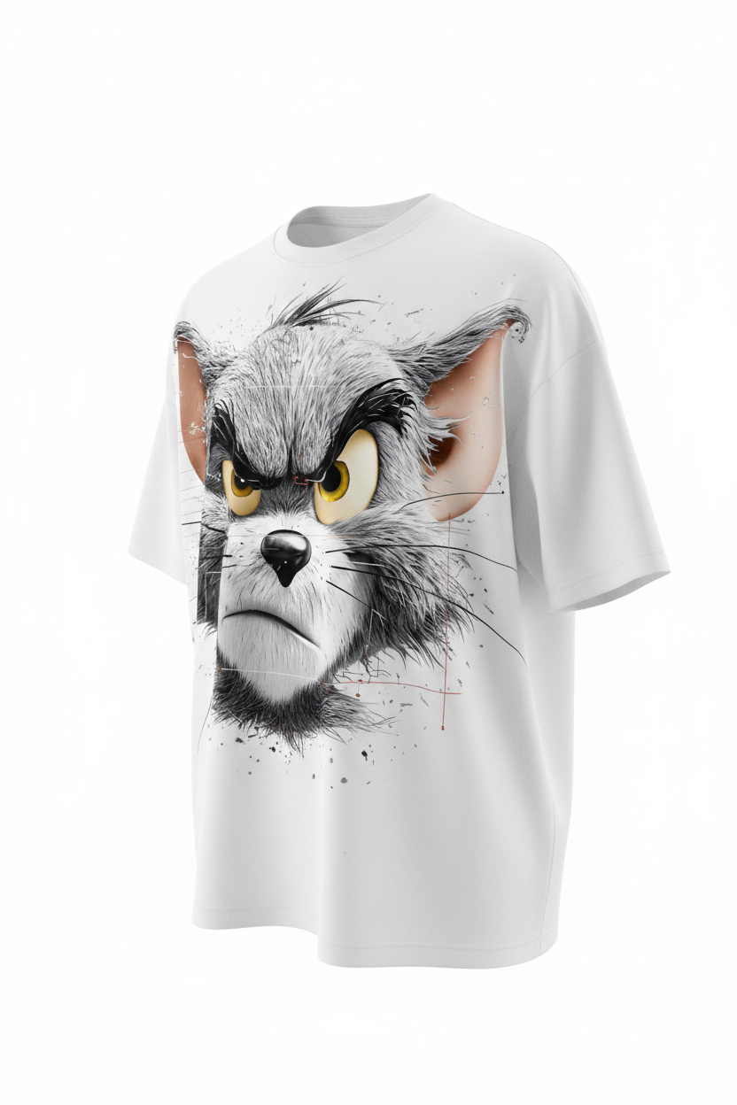 White oversized edgy cat graphic tee front view