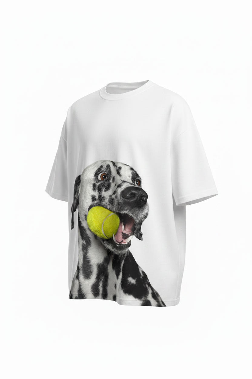 White oversized Dalmatian graphic tee front view