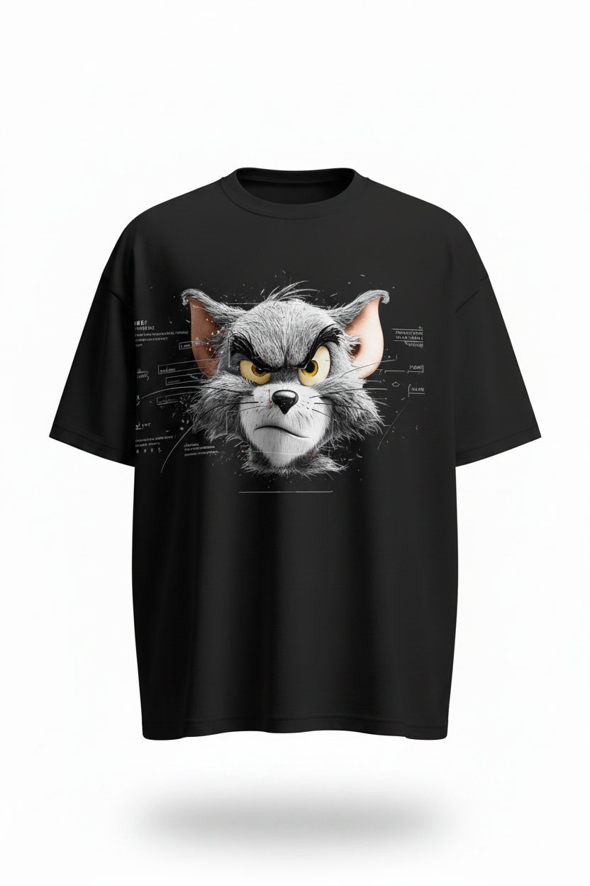 Black oversized edgy cat graphic tee front view