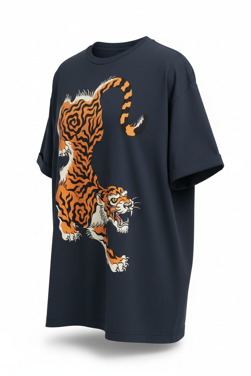 Navy oversized Tibetan tiger graphic tee front view