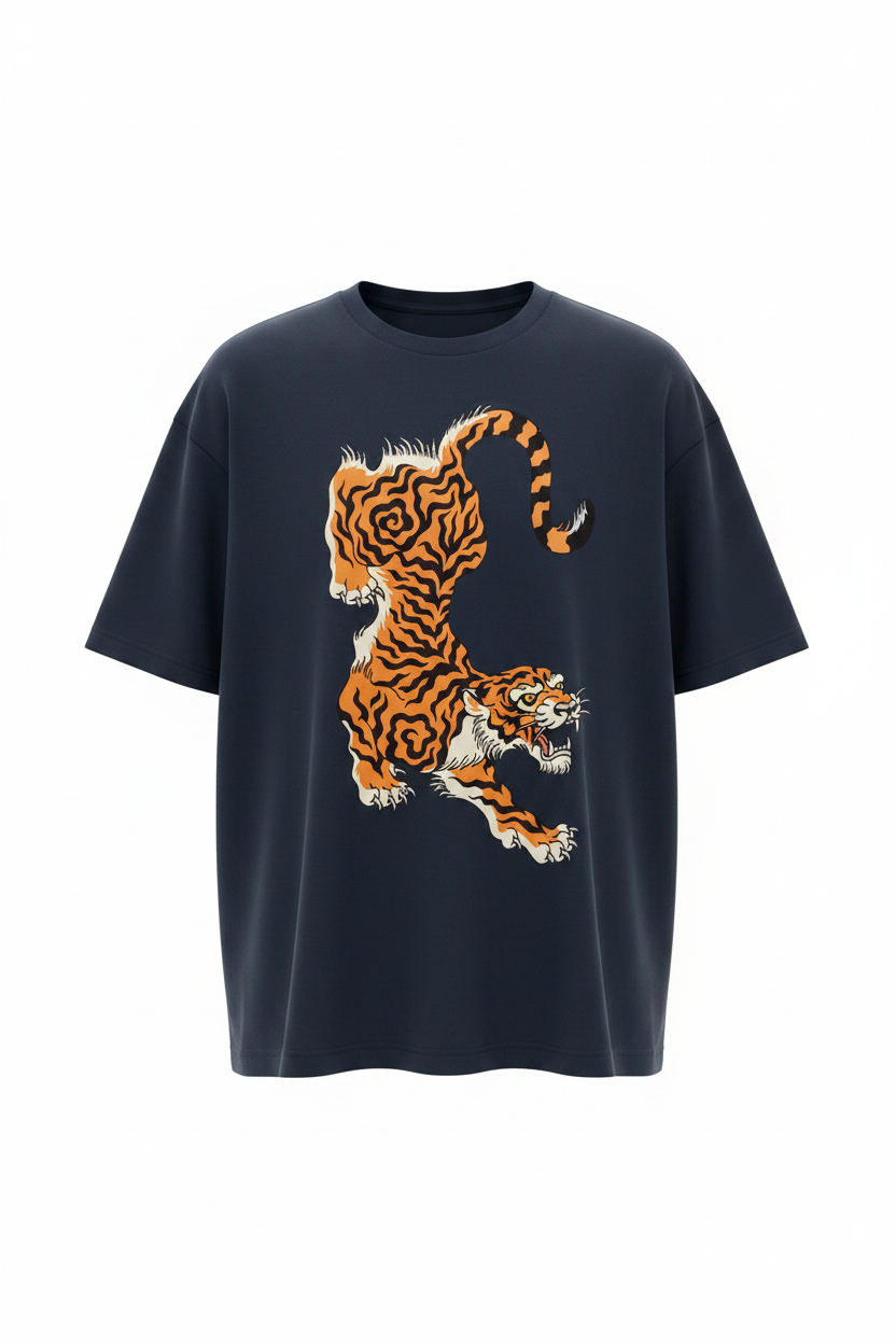 Navy oversized Tibetan tiger graphic tee front view
