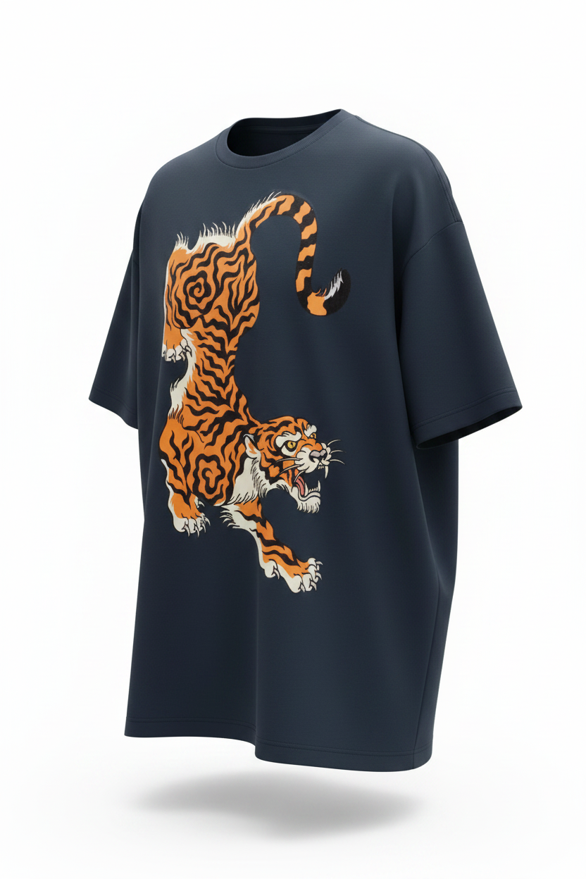 Navy oversized Tibetan tiger graphic tee right angle