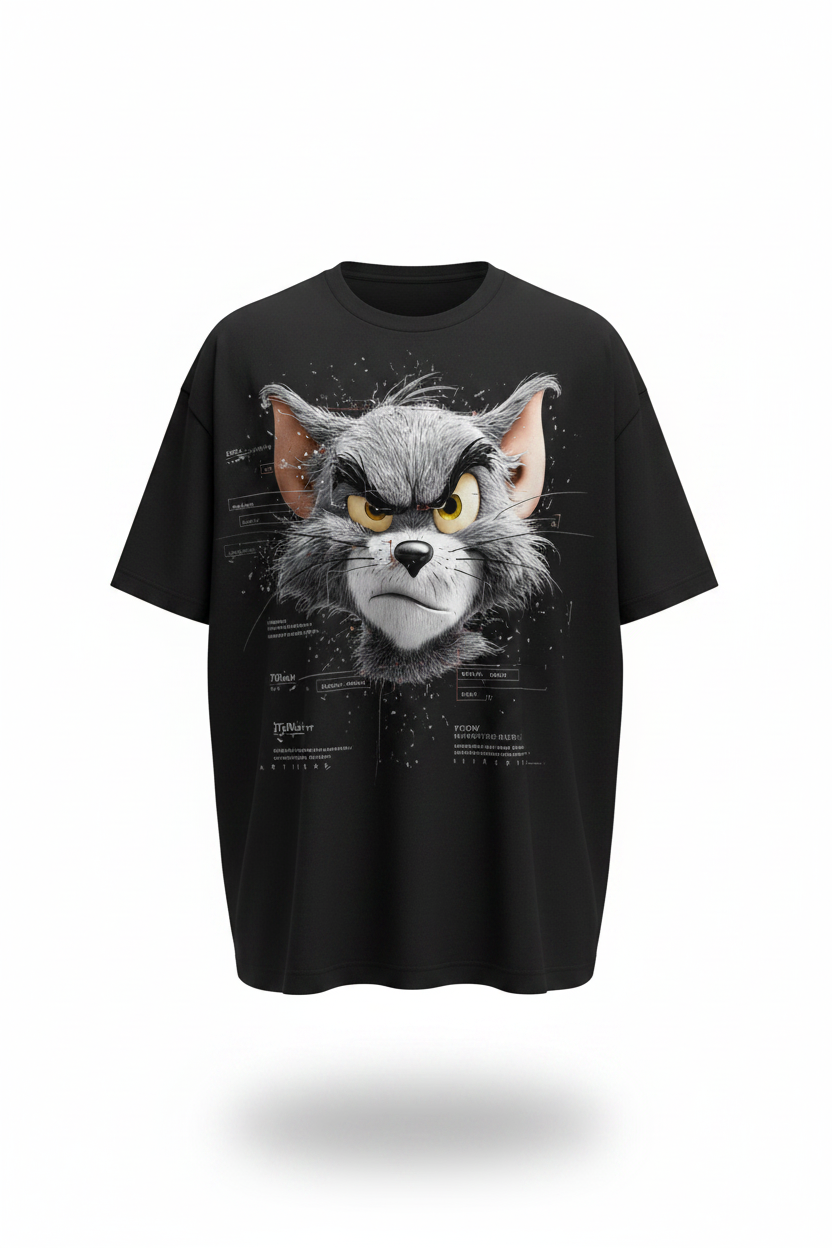 Black oversized edgy cat graphic tee front view