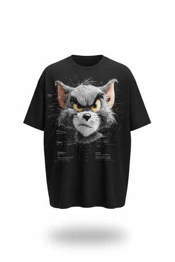 Black oversized edgy cat graphic tee front view