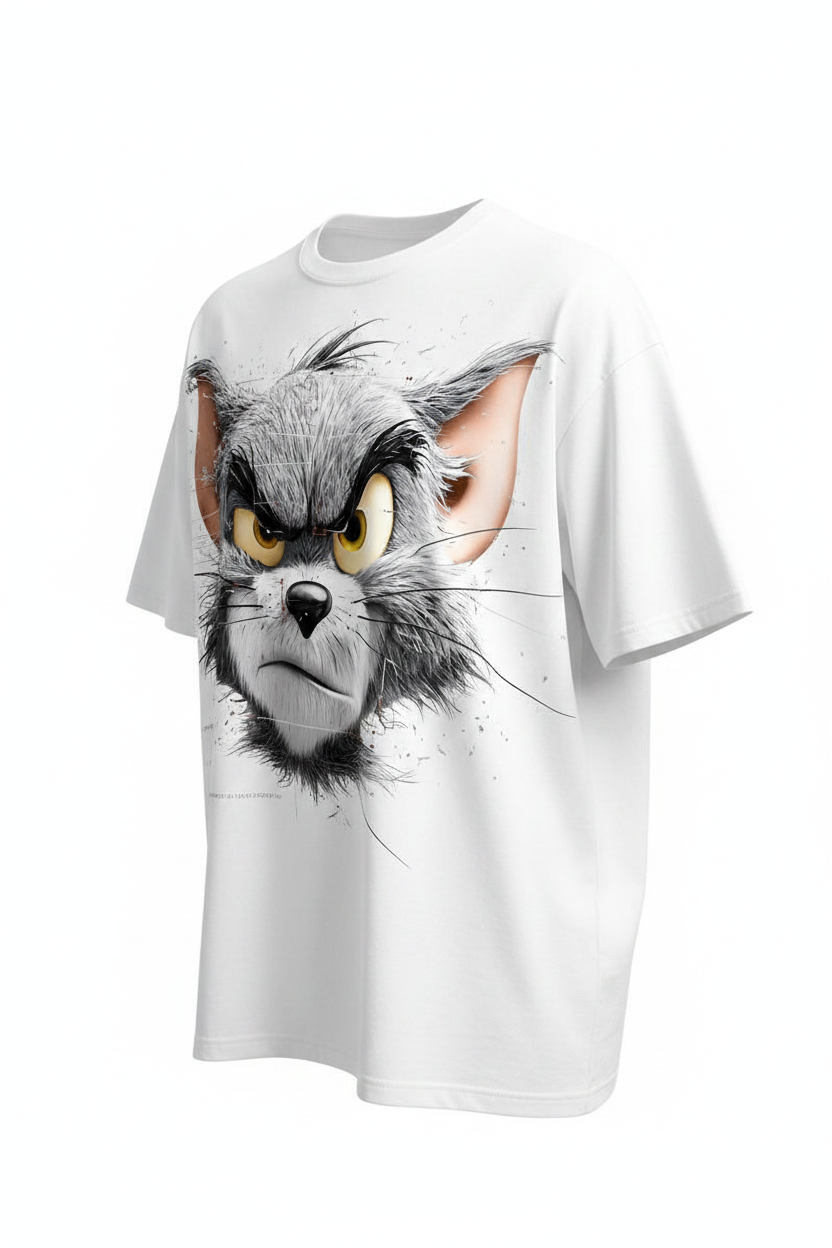 White oversized cat graphic tee right angle