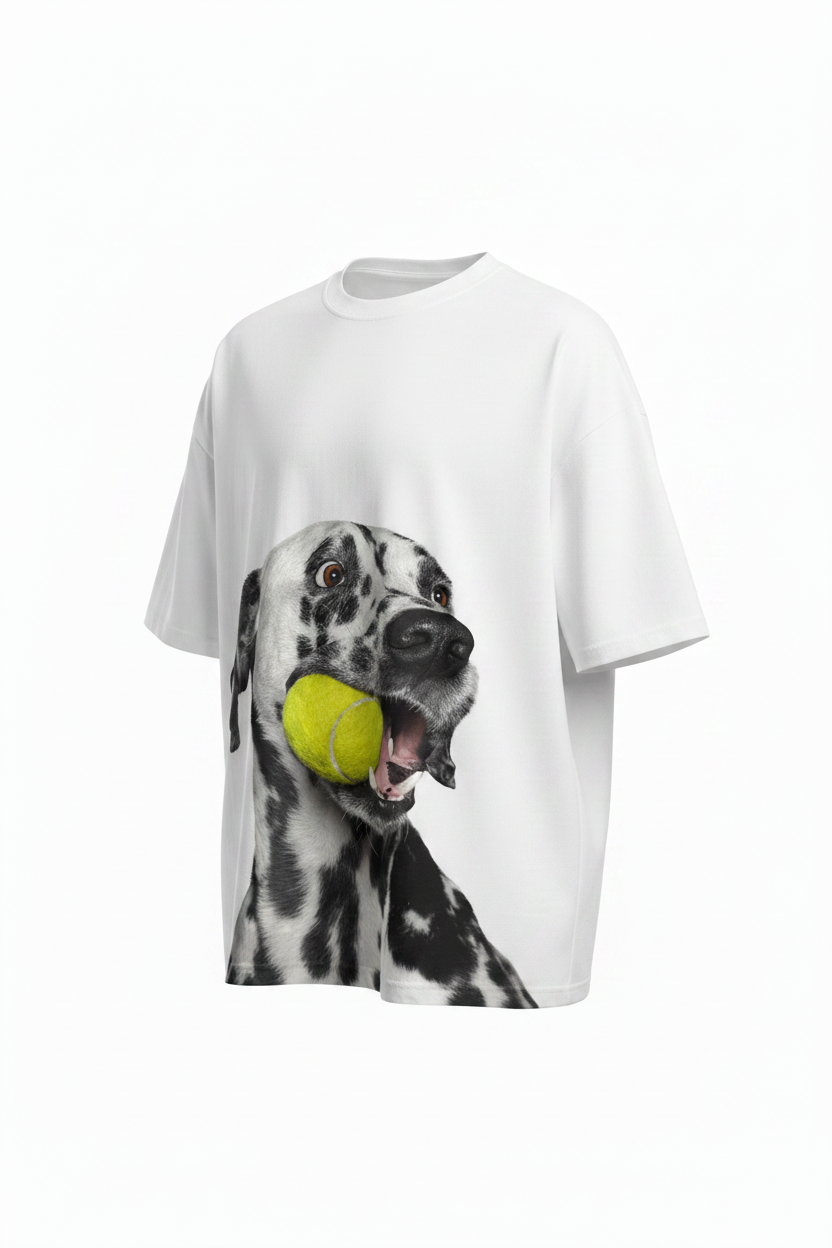 White oversized Dalmatian graphic tee right angle