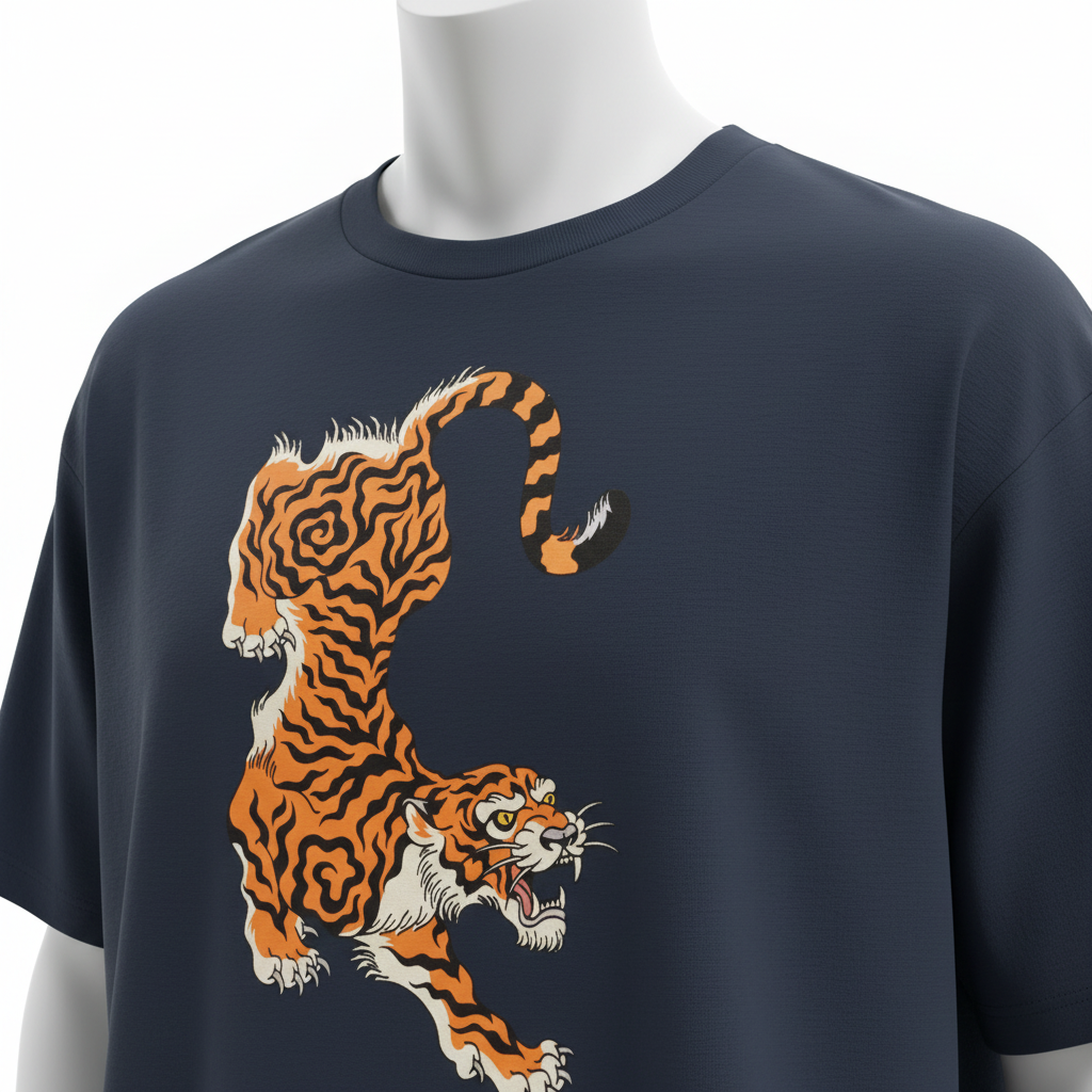 Tibetan tiger graphic print detail close-up