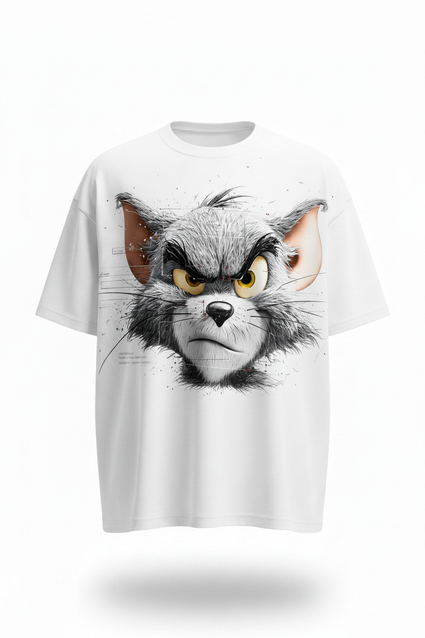 White oversized edgy cat graphic tee front view