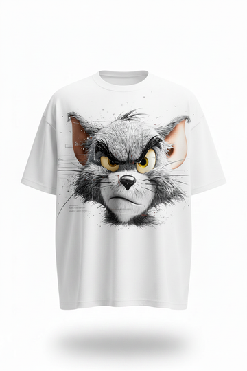 White oversized edgy cat graphic tee front view